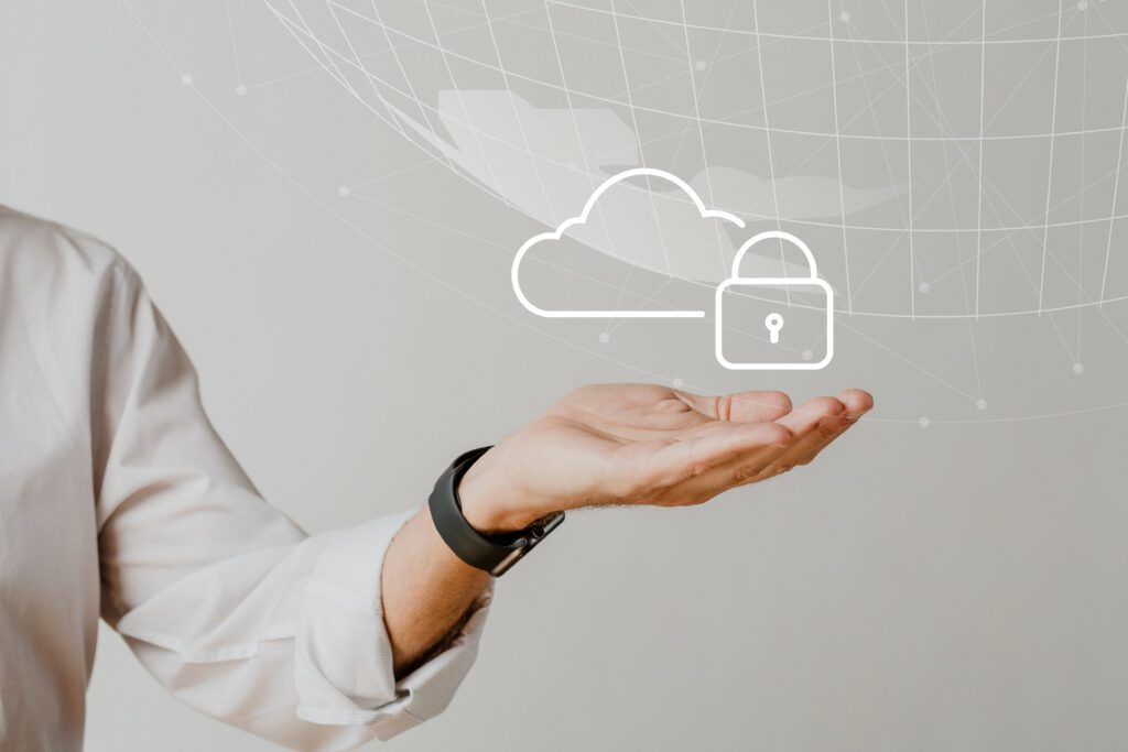 hand holding cloud system with data protection